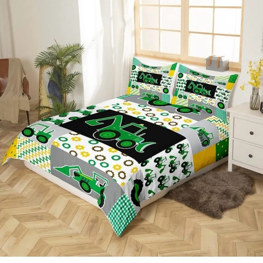 Excavator Bedding Set Construction Vehicles Comforter Cover for Kids Boys Girls
